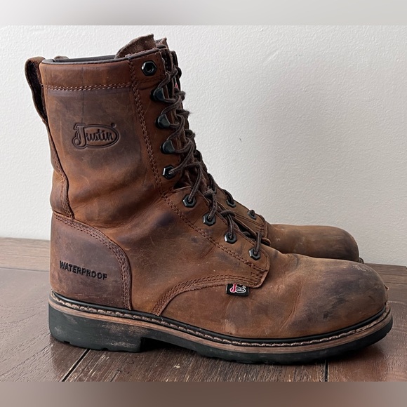 Justin Drywall Brown Leather Waterproof Lace Up Boots Safety Toe Mens size 9 D - Picture 7 of 11